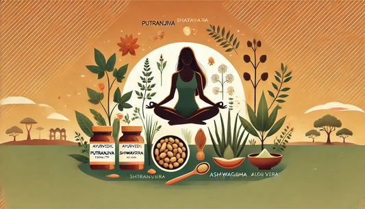 Wide view of Ayurvedic fertility boosters, featuring herbal ingredients and a serene meditative woman, symbolizing holistic reproductive health