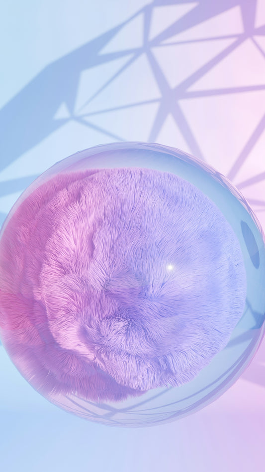 A purple teddy bear in a clear glass container