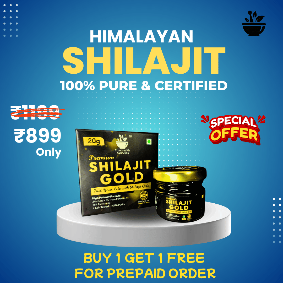 Himalayan Shilajit products on a blue background with promotional text.