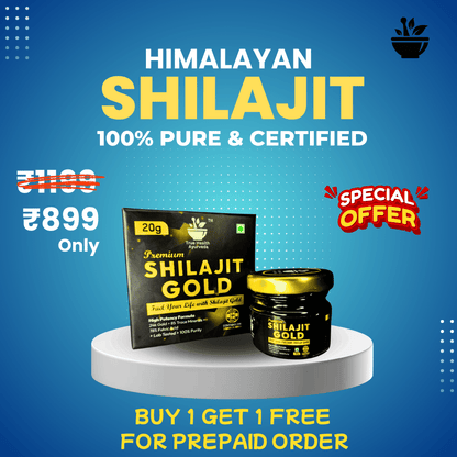 Himalayan Shilajit products on a blue background with promotional text.