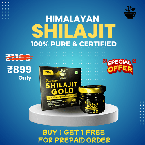 Himalayan Shilajit products on a blue background with promotional text.