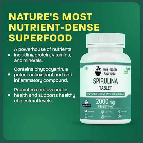 Spirulina Tablets | 120 Tablets | High in Protein,Multivitamin & Multiminerals | Organic & Certified - True Health Ayurveda