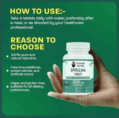 Spirulina Tablets | 120 Tablets | High in Protein,Multivitamin & Multiminerals | Organic & Certified - True Health Ayurveda